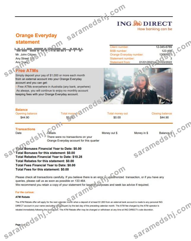 Australia ING Direct bank statement 2 pages xls